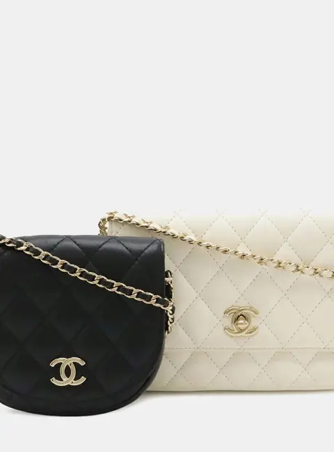 Chanel Matelasse Side Pack Small Ivory Black Lambskin Leather Shoulder Bag