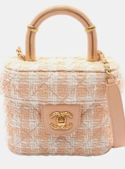 Chanel Small Handle Crush Beige White Tweed Lambskin Leather Top Handle Bag