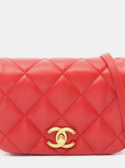 Chanel Matelasse Cambon Chains Mini Red Lambskin Leather Flap Shoulder Bag