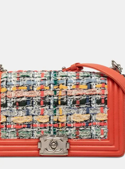 Chanel Boy Medium Orange Multicolor Lambskin Tweed Chain Shoulder Bag