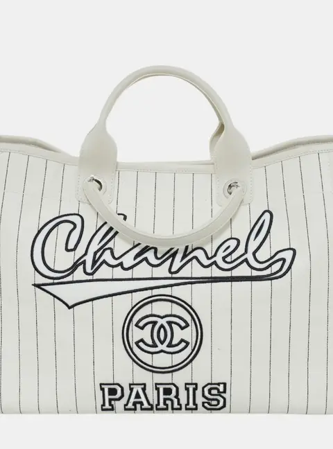 Chanel Deauville Medium White Canvas Leather Stripes Tote Bag