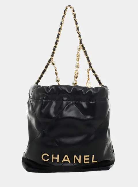 Chanel Mini 22 Black Quilted Shiny Calfskin Leather Drawstring Bag