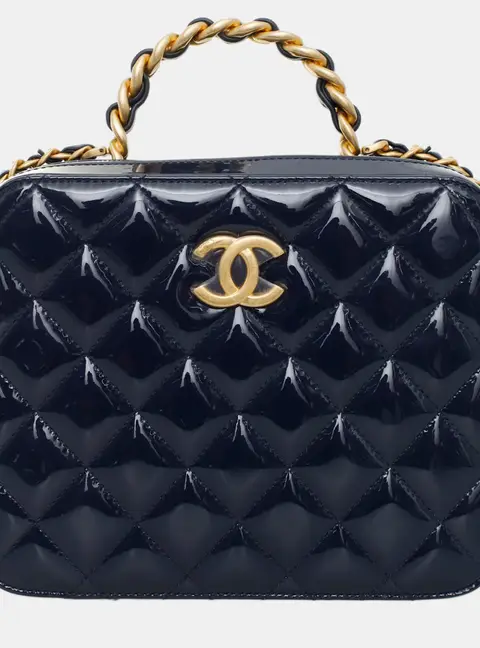 Chanel Vanity Case Navy Blue Patent Leather Top Handle Bag