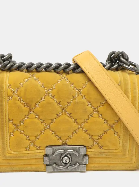Chanel Boy Small Yellow Leather and Quilted Velvet Shoulder Bag