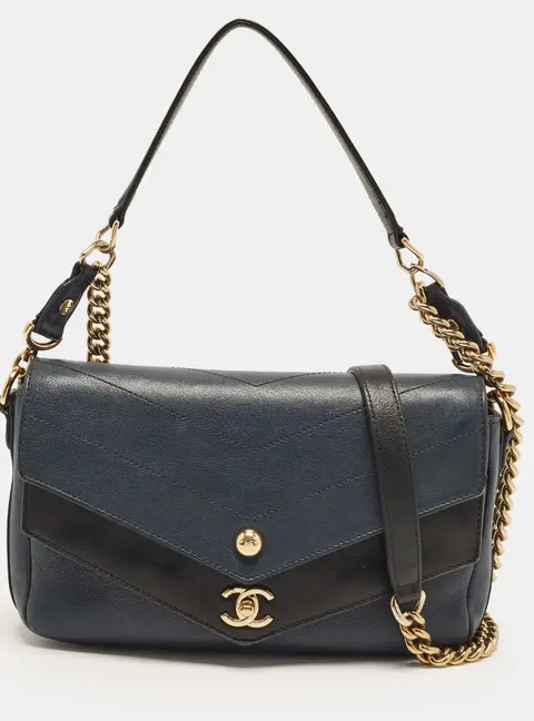Chanel Envelope Double Flap Blue/Black Chevron Leather Bag