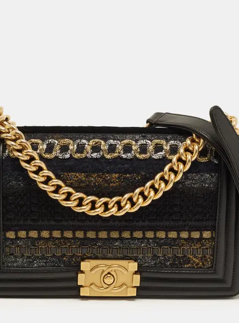 Chanel Boy Medium Black Metallic Tweed and Leather Flap Bag