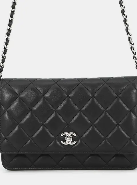 Chanel Classic Matelasse Chain Wallet Black Lambskin Leather Wallet on Chain Bag