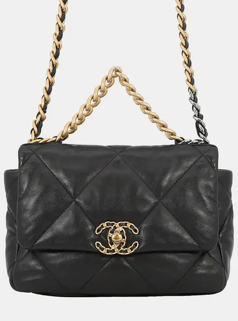 Chanel 19 Small Black Shiny Lambskin Leather Flap Bag