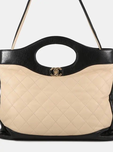 Chanel 31 Shopping Bag Large Beige Black Calfskin Leather Top Handle Bag