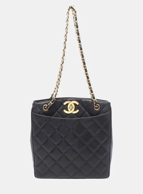 Chanel Vintage Medium CC Turnlock Black Caviar Leather Tote Bag