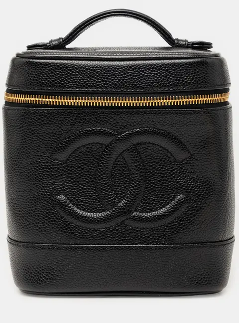 Chanel Vintage Timeless Vertical Black Caviar Leather Cosmetic Top Handle Bag