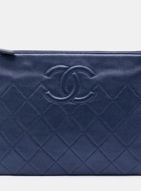 Chanel CC Quilted Caviar O Case Medium Blue Caviar Leather Clutch Bag