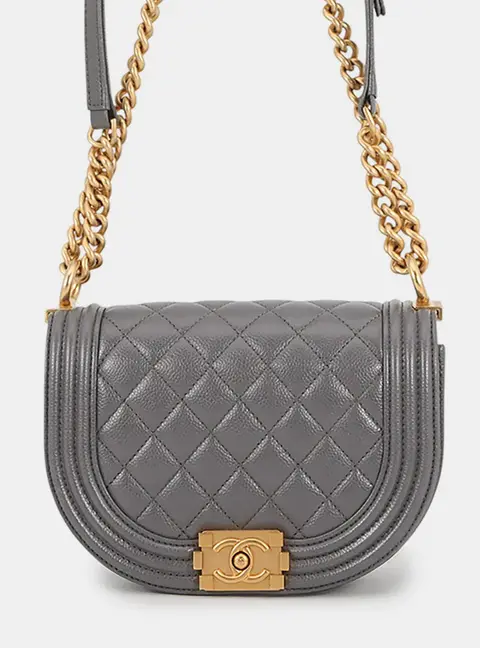 Chanel Boy Small Gray Quilted Caviar Leather Shoulder Bag