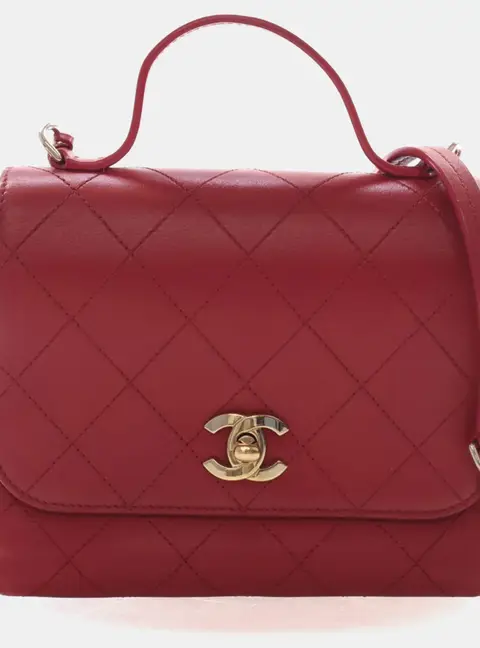 Chanel Double Pocket Small Red Lambskin Top Handle Bag