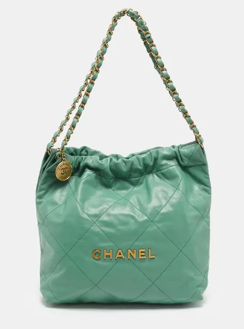 Chanel 22 Small Green Quilted Shiny Leather Bag