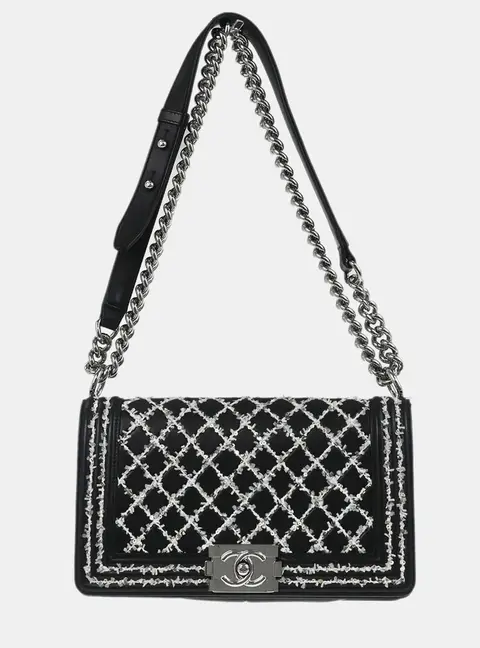 Chanel Boy Medium Black Lambskin Sequins Flap Shoulder Bag