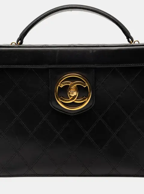 Chanel CC Stitched Black Calfskin Leather Top Handle Bag
