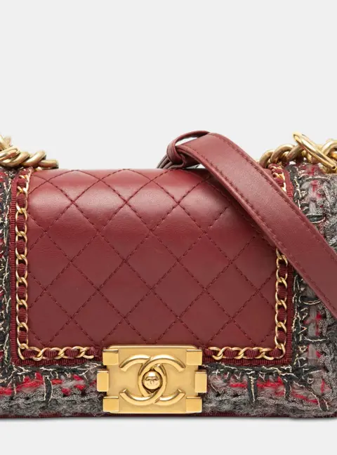 Chanel Boy Small Red Quilted Lambskin Leather Tweed Flap Bag