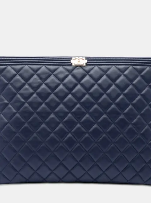Chanel Boy Large Blue Quilted Lambskin Leather Clutch Bag