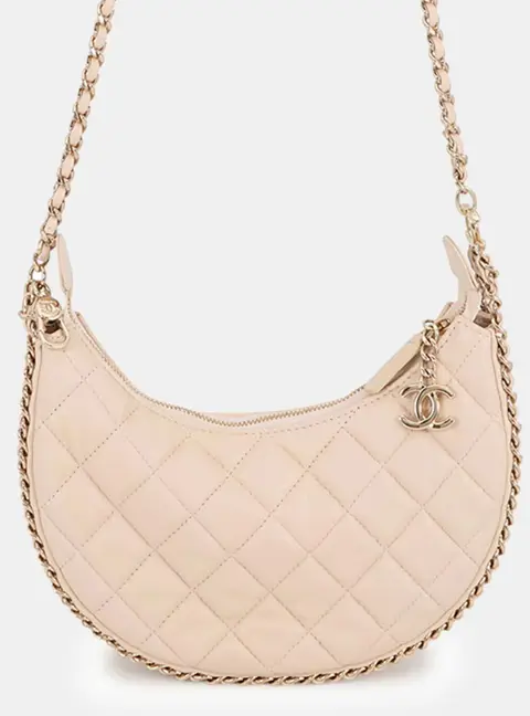 Chanel Small Hobo Bag Beige Lambskin Leather Shoulder Bag