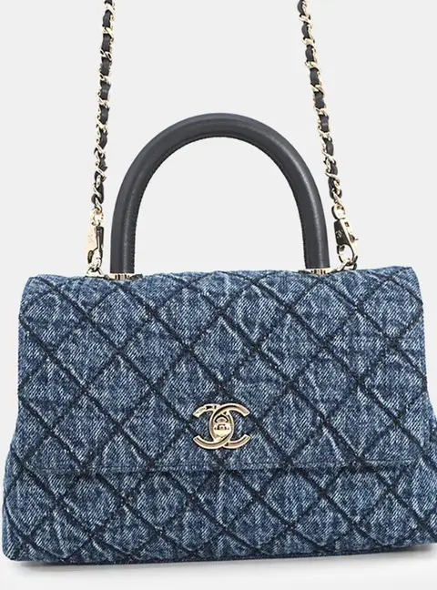 Chanel Coco Handle Extra Small Blue Washed Denim Cotton Calfskin Leather Top Handle Bag