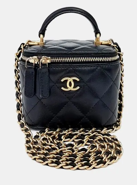 Chanel Vanity Case Small Black Lambskin Leather Top Handle Bag