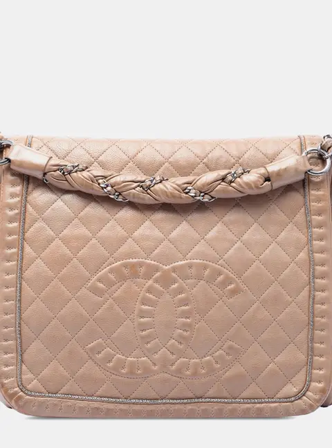 Chanel Istanbul Accordion Flap Large Beige Quilted Calfskin Leather Shoulder Bag
