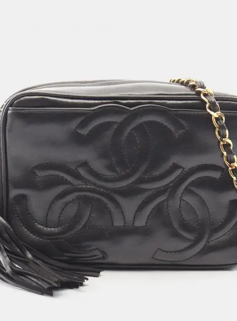 Chanel Vintage Triple CC Mark Black Lambskin Leather Tassel Camera Shoulder Bag