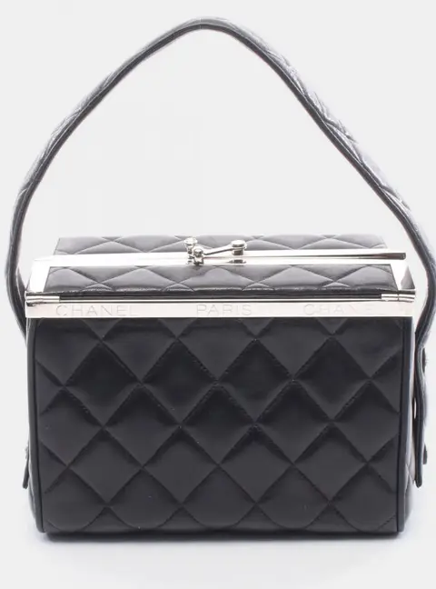 Chanel Matelasse Small Black Lambskin Leather Metal Frame Top Handle Bag