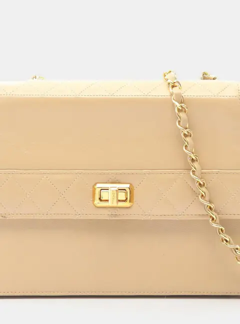 Chanel Vintage Mademoiselle Lock Trapezoid Beige Lambskin Leather Shoulder Bag