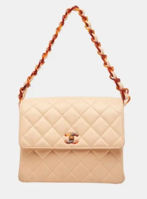 Chanel Vintage Matelasse Tortoiseshell Plastic Chain Pink Beige Lambskin Shoulder Bag