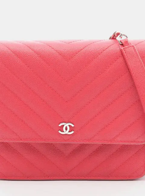 Chanel Chevron V-Stitch Red Caviar Leather Wallet on Chain Bag