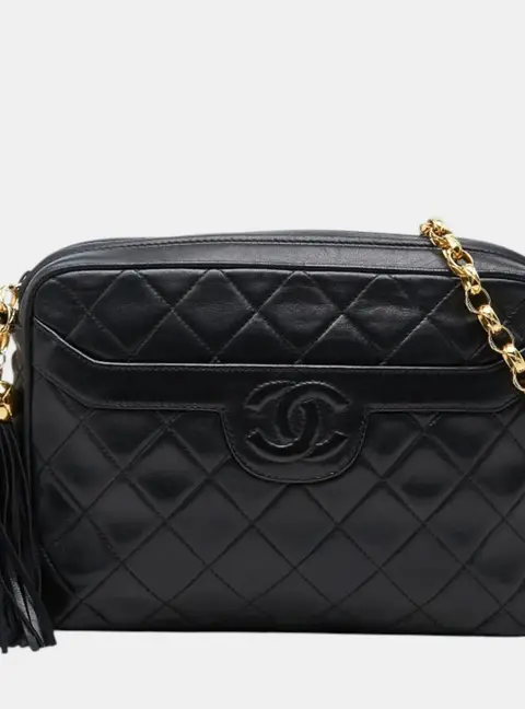 Chanel Vintage Quilted CC Tassel Camera Black Lambskin Leather Chain Shoulder Bag
