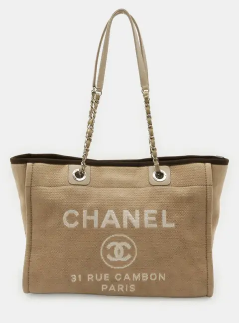 Chanel Deauville MM Beige Canvas Brown Leather Shoulder Tote Bag