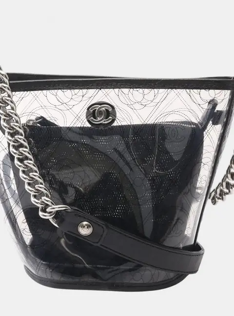 Chanel Camellia Medium Clear Black PVC Crumpled Calfskin Leather Shoulder Bucket Bag