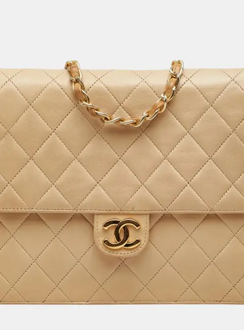 Chanel Vintage Coco Mark Matelasse Square Beige Leather Single Flap Bag