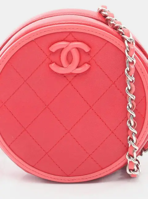 Chanel CC Logo Round Mini Red Pink Lambskin Leather Crossbody Bag