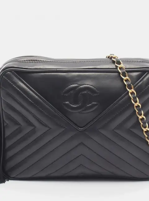 Chanel Vintage Chevron CC Tassel Medium Black Lambskin Leather Camera Bag