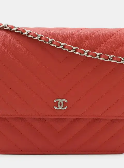 Chanel Chevron Wallet on Chain Red Caviar Leather Crossbody Bag