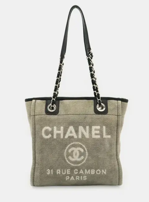 Chanel Deauville PM Gray Black Canvas Leather Shoulder Bag