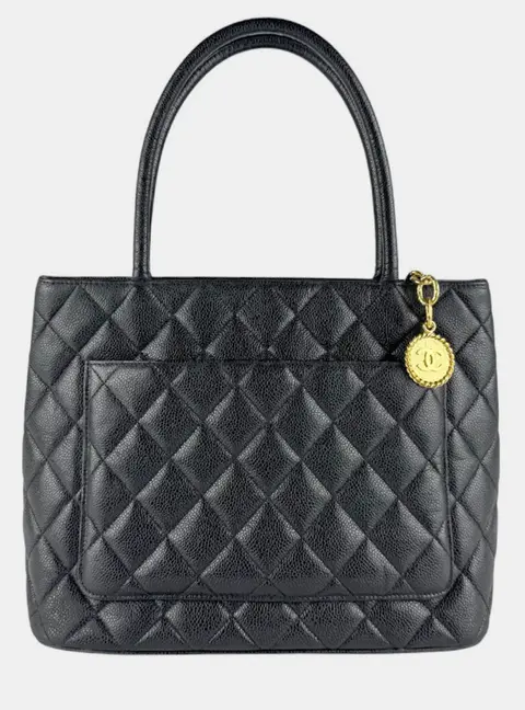 Chanel Medallion Medium Black Quilted Caviar Leather Tote Bag