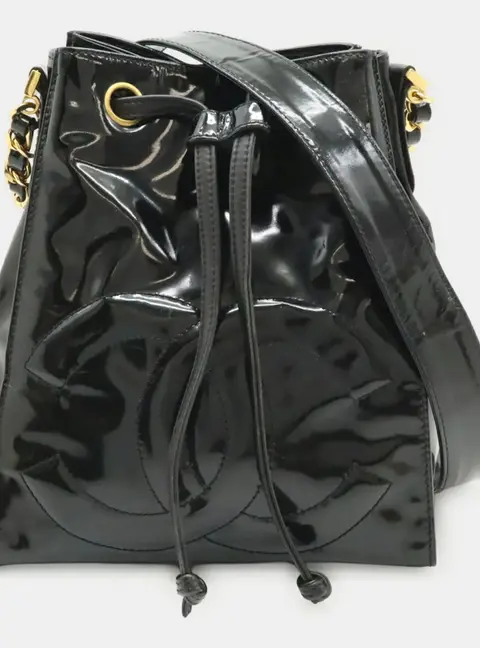 Chanel Coco Mark Drawstring One Size Black Patent Leather Shoulder Bag