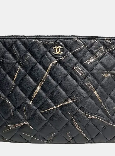 Chanel Quilted Black and Gold Leather Clutch Bag