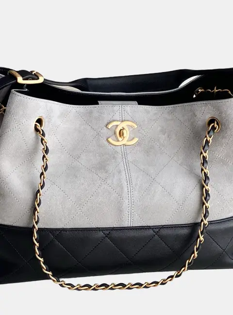 Chanel Hobo Small Grey Suede Black Calfskin Leather Shoulder Bag