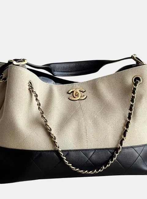 Chanel Hobo Beige Black Canvas Calfskin Leather Shoulder Bag