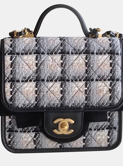 Chanel 22K Mini Messenger Microchip Grey and Black Tweed Fabric Top Handle Bag