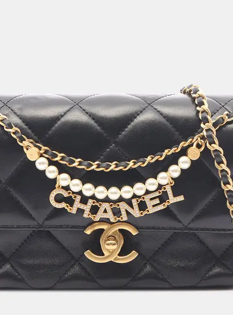 Chanel Pearl Mini Logo Chain Flap Black Lambskin Gold Tone Metal Flap Bag