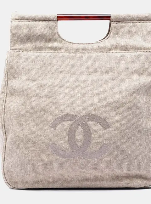 Chanel CC Tortoise Handle Neutrals Canvas Tote Bag