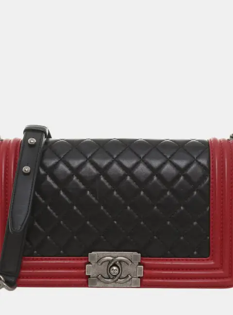 Chanel Boy Old Medium Black Red Lambskin Leather Shoulder Bag