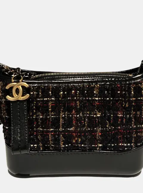 Chanel Gabrielle Small Black Tweed Patent Leather Hobo Bag